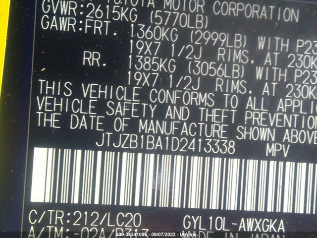 JTJZB1BA1D2413338 Lexus RX 450H