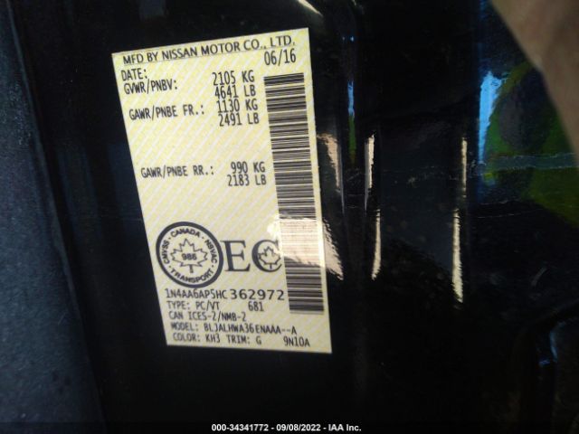 1N4AA6AP5HC362972 Nissan Maxima Sv/s/sl/sr/platinum