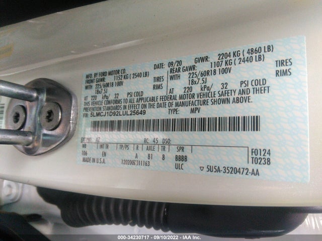 2020 Lincoln Corsair, VIN: 5LMCJ1D92LUL25649