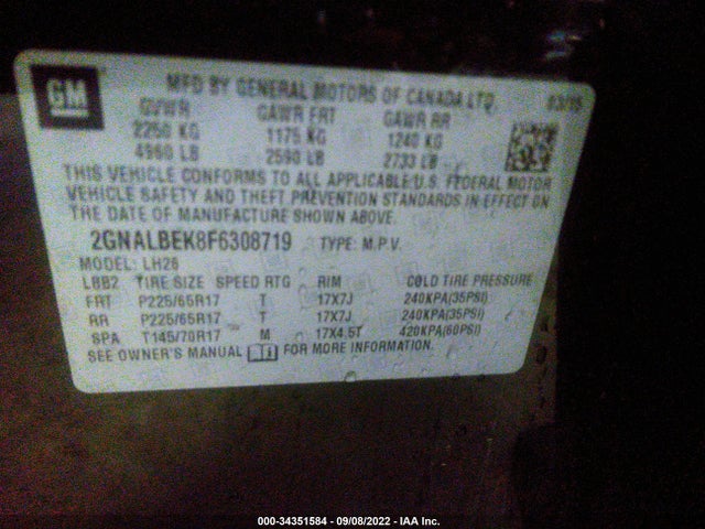 2015 Chevrolet Equinox, VIN: 2GNALBEK8F6308719