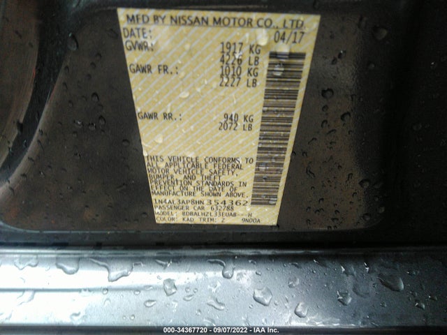 2017 NISSAN ALTIMA 2.5 SR VIN: 1N4AL3AP8HN354362