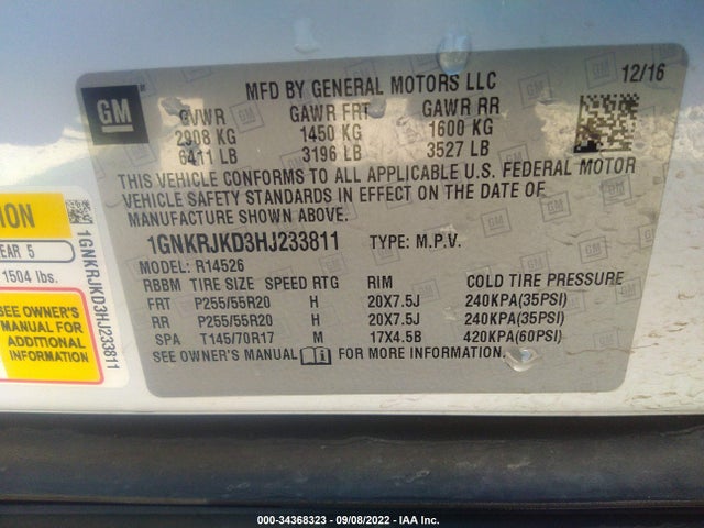 Chevrolet Traverse Premier 2017 1GNKRJKD3HJ233811 Image 10