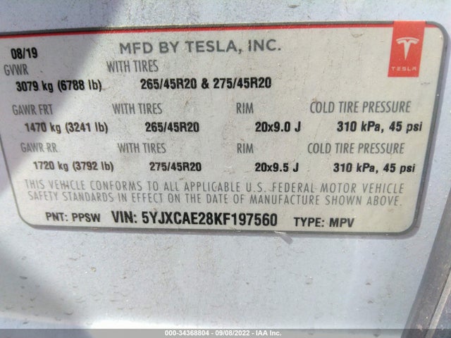2019 Tesla Model X, VIN: 5YJXCAE28KF197560