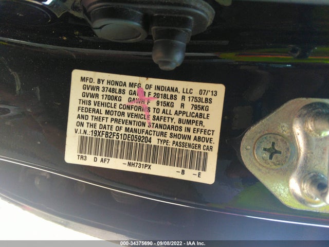 2013 HONDA CIVIC SDN LX VIN: 19XFB2F51DE059204