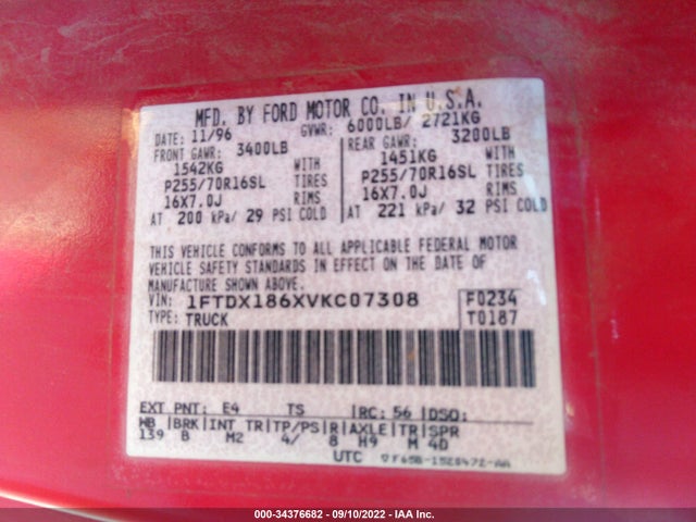 1997 FORD F-150 XL/XLT/LARIAT VIN: 1FTDX186XVKC07308