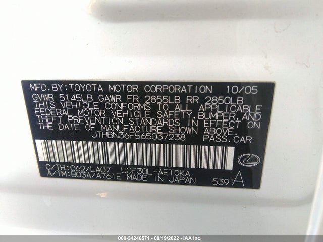 2006 LEXUS LS 430 VIN: JTHBN36F565037238