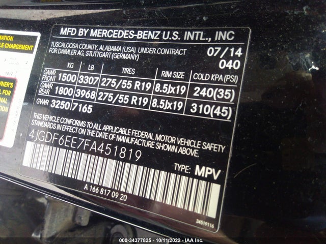 2015 Mercedes-Benz GL-Class, VIN: 4JGDF6EE7FA451819