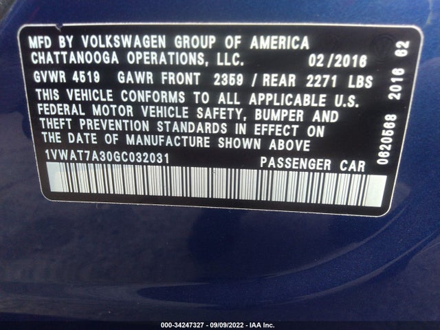 2016 VOLKSWAGEN PASSAT 1.8T S VIN: 1VWAT7A30GC032031