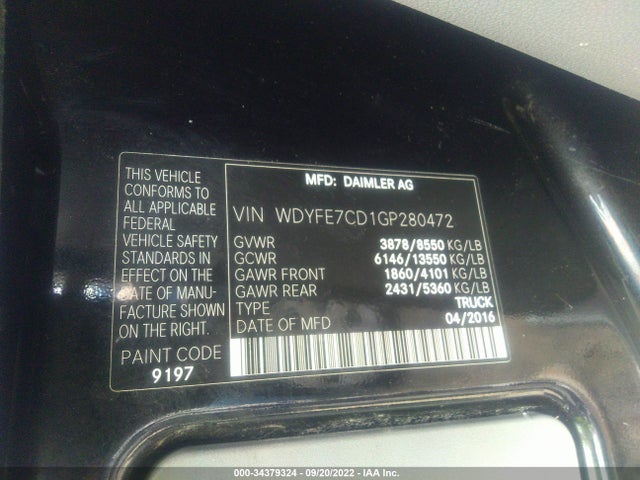 2016 Freightliner Sprinter, VIN: WDYFE7CD1GP280472