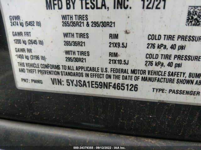 2022 Tesla Model S, VIN: 5YJSA1E59NF465126