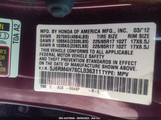 2012 HONDA CR-V EX-L VIN: 5J6RM4H76CL036311