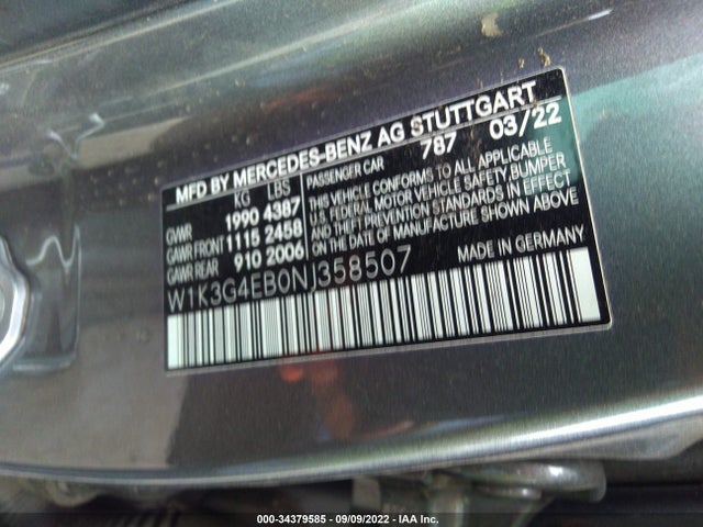 2022 Mercedes-Benz A-Class, VIN: W1K3G4EB0NJ358507