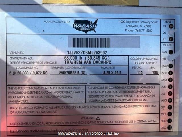 2021 WABASH NATIONAL CORP WABASH NATIONAL CORP VIN: 1JJV532D3ML253902