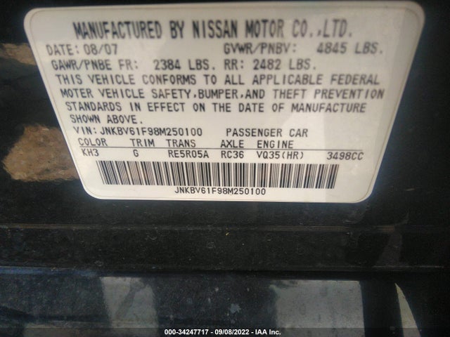 2008 INFINITI G35 SEDAN X VIN: JNKBV61F98M250100