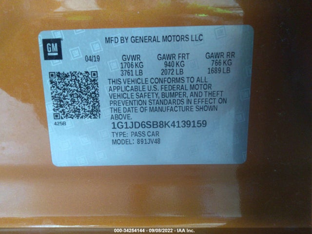 2019 Chevrolet Sonic, VIN: 1G1JD6SB8K4139159