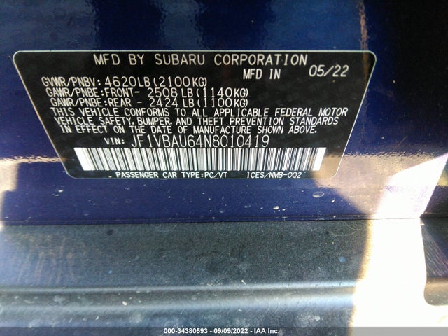 2022 Subaru WRX, VIN: JF1VBAU64N8010419