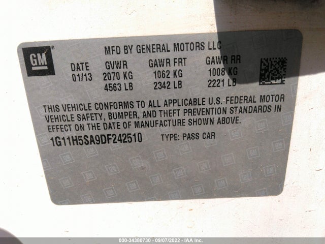 2013 CHEVROLET MALIBU LTZ VIN: 1G11H5SA9DF242510