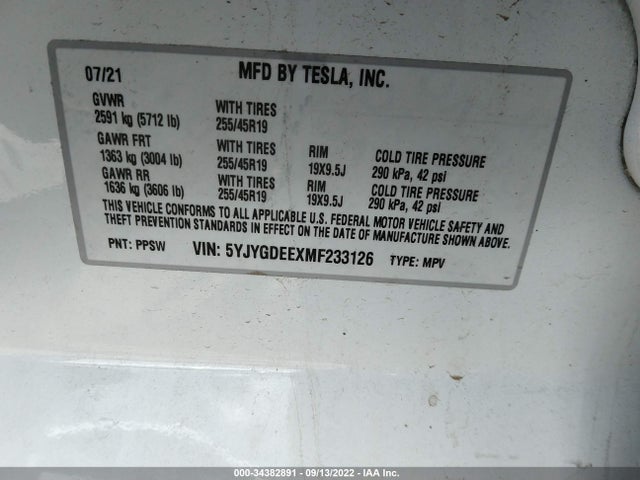 Tesla Model Y 2021 5YJYGDEEXMF233126 Image 10