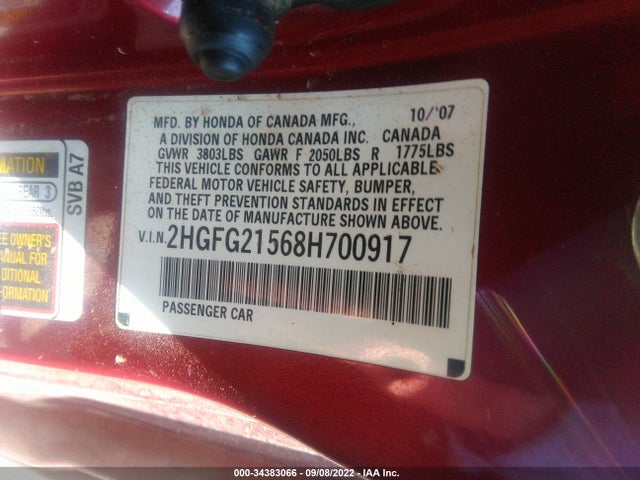 2008 HONDA CIVIC CPE SI VIN: 2HGFG21568H700917
