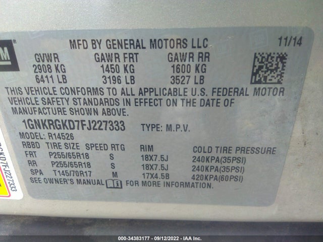 2015 Chevrolet Traverse, VIN: 1GNKRGKD7FJ227333