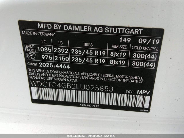 2020 Mercedes-Benz GLA-Class, VIN: WDCTG4GB2LU025853