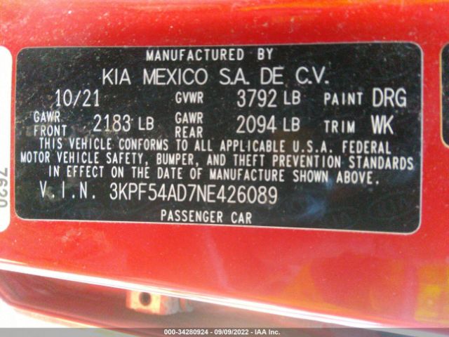3KPF54AD7NE426089 KIA Forte Gt-line