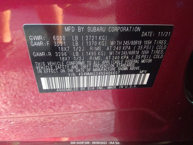 2022 Subaru Ascent, VIN: 4S4WMAED4N3406607