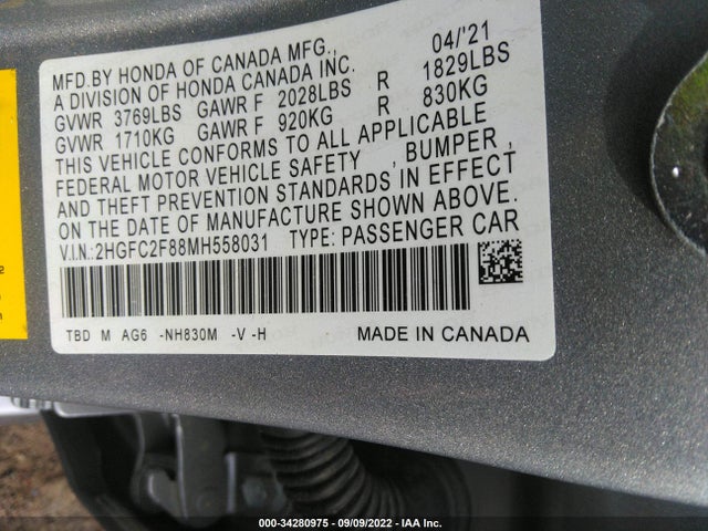2021 HONDA CIVIC SEDAN SPORT VIN: 2HGFC2F88MH558031