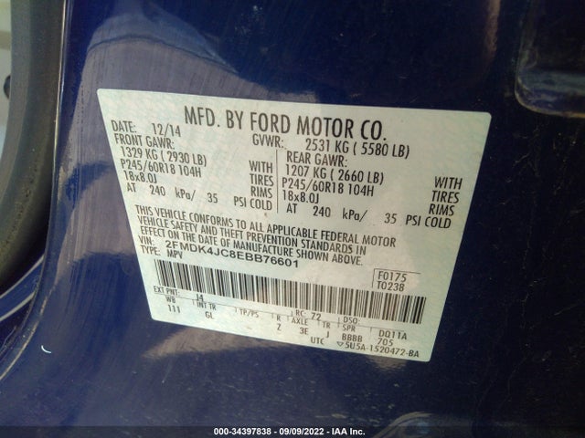 2014 FORD EDGE SEL VIN: 2FMDK4JC8EBB76601