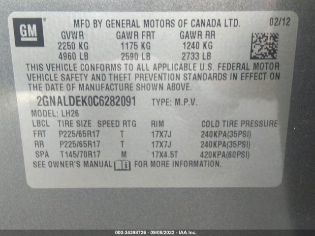 2012 CHEVROLET EQUINOX LT W/1LT VIN: 2GNALDEK0C6282091