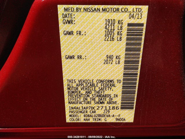 2013 NISSAN ALTIMA 2.5 SV VIN: 1N4AL3AP7DC271186