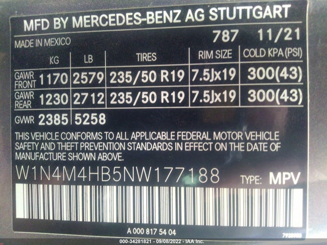 2022 Mercedes-Benz GLB-Class, VIN: W1N4M4HB5NW177188