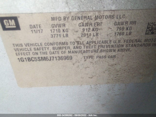 Aukcja sprzedaży 2018 Chevrolet Cruze Ls, vin: 1G1BC5SM6J7136969, numer aukcji: 34399262