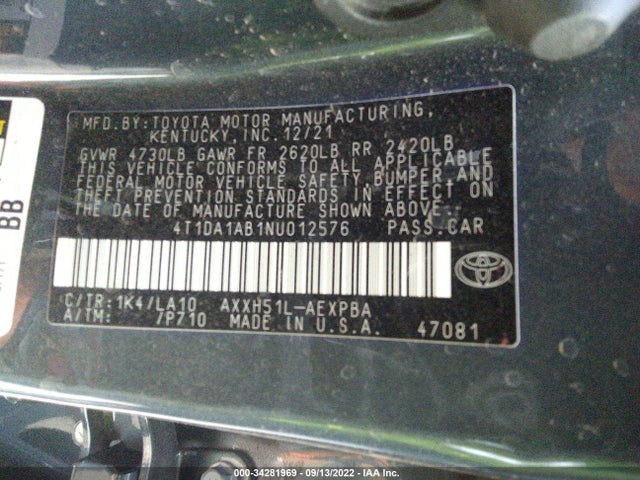 2022 Toyota Avalon, VIN: 4T1DA1AB1NU012576