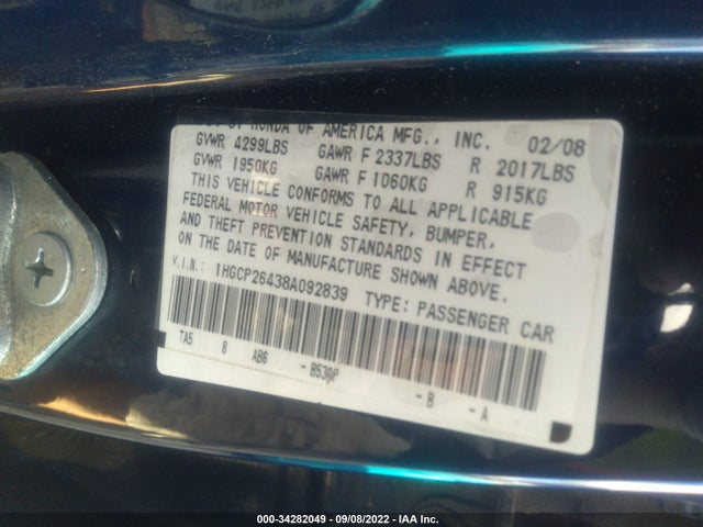 2008 HONDA ACCORD SDN LX-P VIN: 1HGCP26438A092839