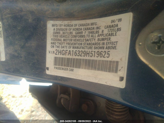2009 HONDA CIVIC SDN DX-VP VIN: 2HGFA16329H519625