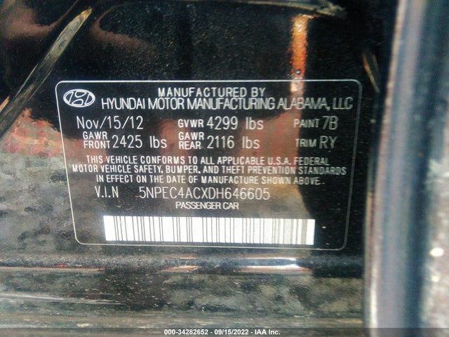 2013 HYUNDAI SONATA SE VIN: 5NPEC4ACXDH646605