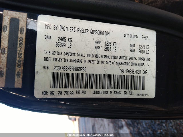 2007 CHRYSLER 300 C VIN: 2C3KA63H07H869265