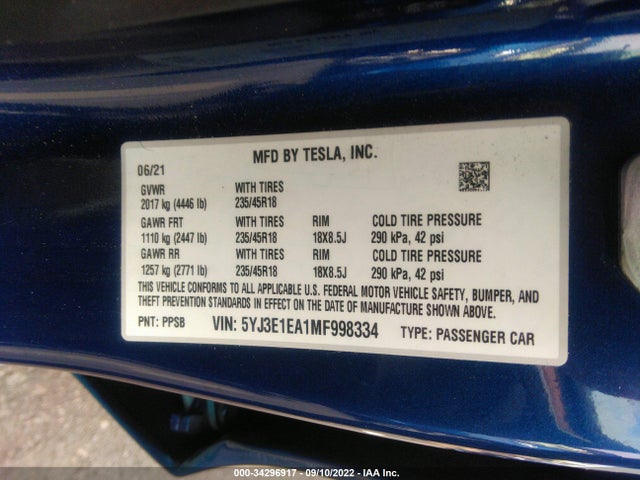 Tesla Model 3 Standard Range Plus 2021 5YJ3E1EA1MF998334 Image 9