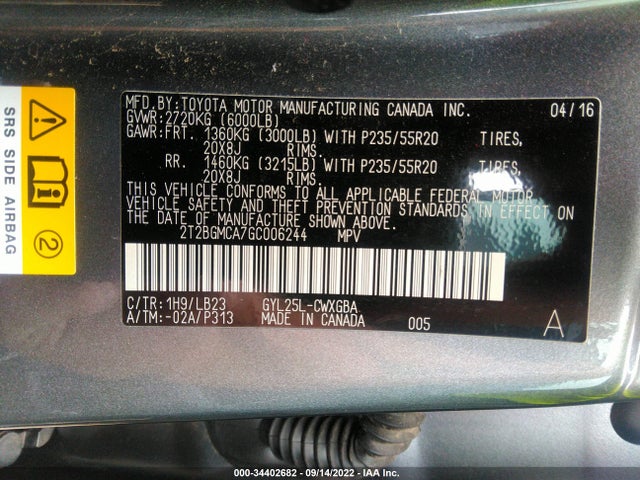 2016 Lexus RX, VIN: 2T2BGMCA7GC006244