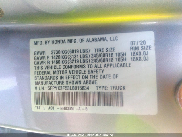 2020 Honda Ridgeline, VIN: 5FPYK3F53LB015834
