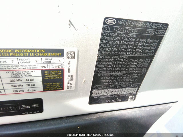 2019 LAND ROVER DISCOVERY HSE VIN: SALRR2RV9KA093565
