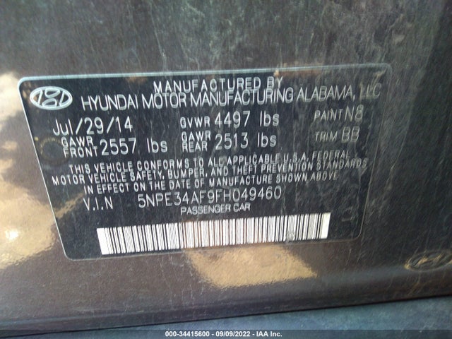 2015 HYUNDAI SONATA 2.4L LIMITED VIN: 5NPE34AF9FH049460