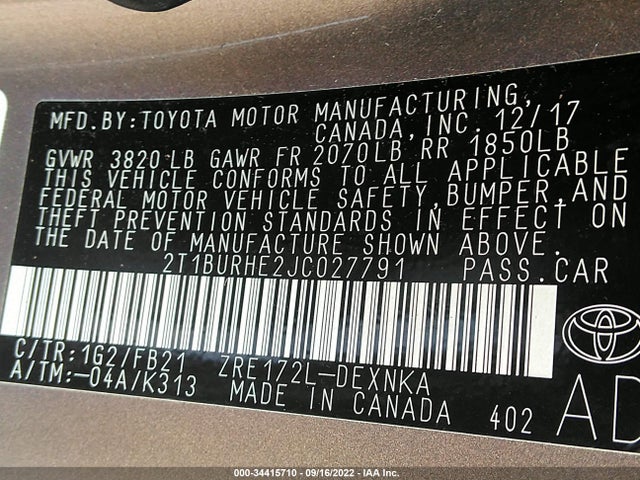 2018 TOYOTA COROLLA L/LE/XLE/SE/XSE VIN: 2T1BURHE2JC027791