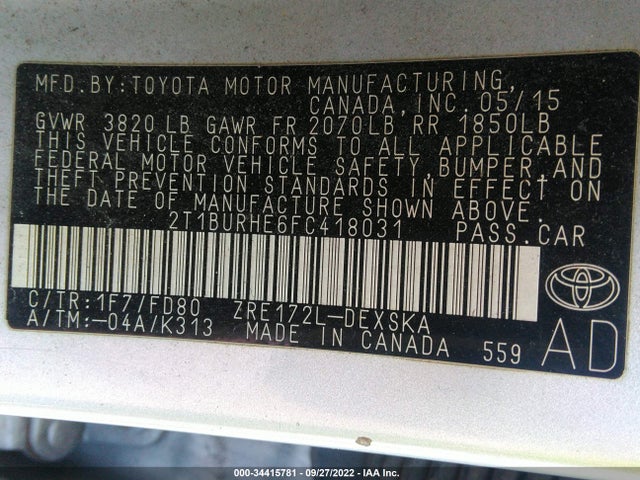 2015 TOYOTA COROLLA L/LE/S/S PLUS/LE PLUS VIN: 2T1BURHE6FC418031