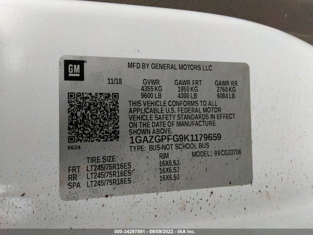 Chevrolet Express Passenger Lt 2019 1GAZGPFG9K1179659 Image 9