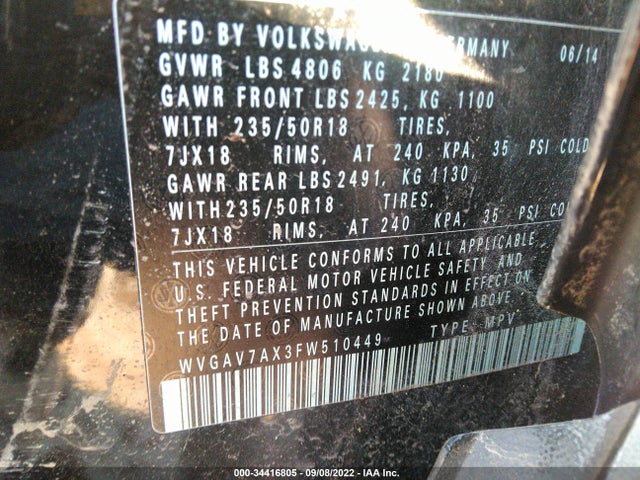 2015 VOLKSWAGEN TIGUAN SE VIN: WVGAV7AX3FW510449