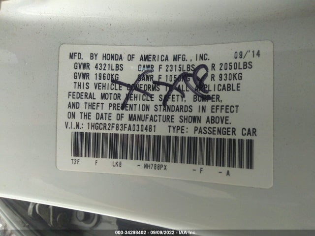 2015 HONDA ACCORD SEDAN EX-L VIN: 1HGCR2F83FA030481