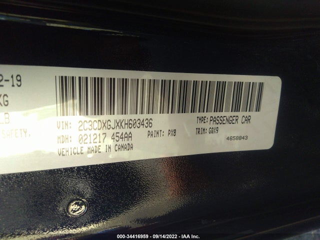2019 DODGE CHARGER SCAT PACK VIN: 2C3CDXGJXKH603436