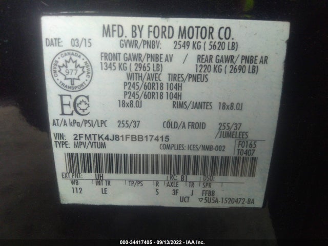 2015 Ford Edge, VIN: 2FMTK4J81FBB17415